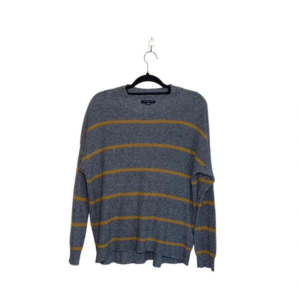 American Eagle Jegging Fit Sweater Gray & Yellow Striped Pullover Medium Women’s